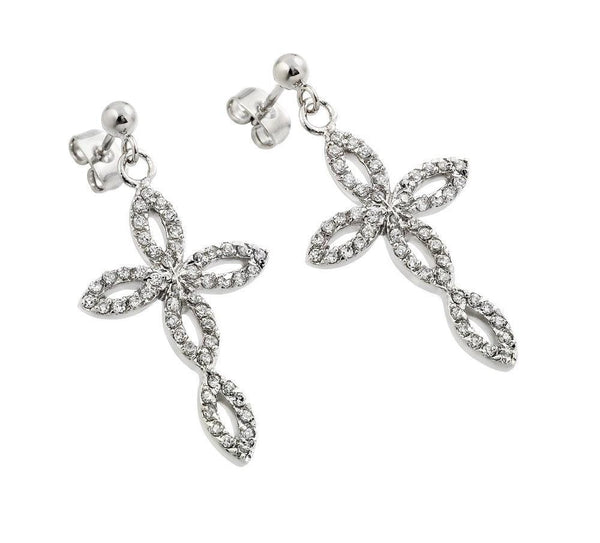 Silver 925 Rhodium Plated Open Marquis Cross CZ Dangling Earrings