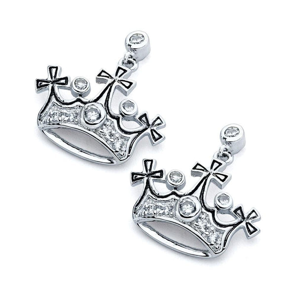 Silver 925 Rhodium Plated Crown CZ Inlay Dangling Stud Earrings