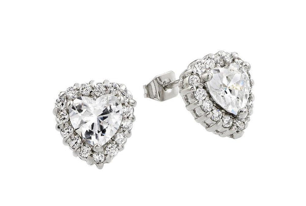 Silver 925 Rhodium Plated Clear Heart CZ Stud Earrings