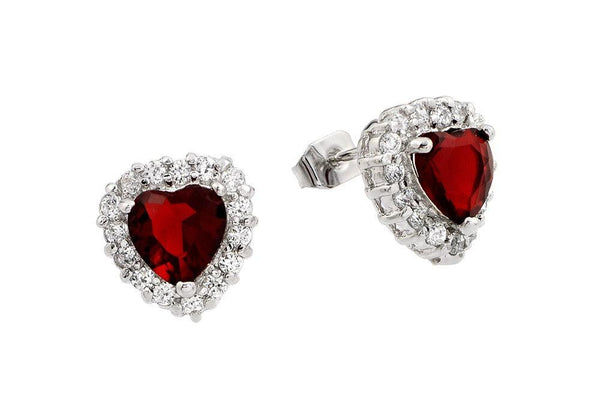 Silver 925 Rhodium Plated Red Heard CZ Stud Earrings