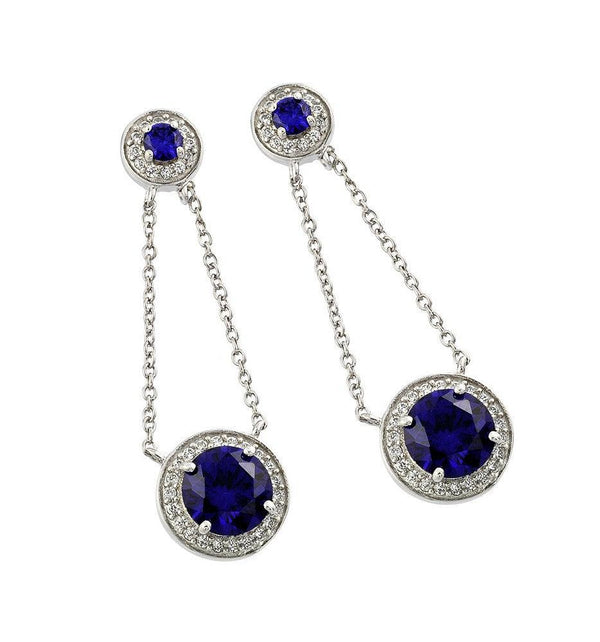 Silver 925 Rhodium Plated Round Blue CZ Wire Dangling Stud Earrings