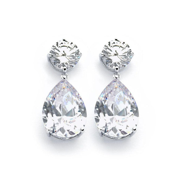 Silver 925 Rhodium Plated Round Teardrop Clear CZ Dangling Earrings