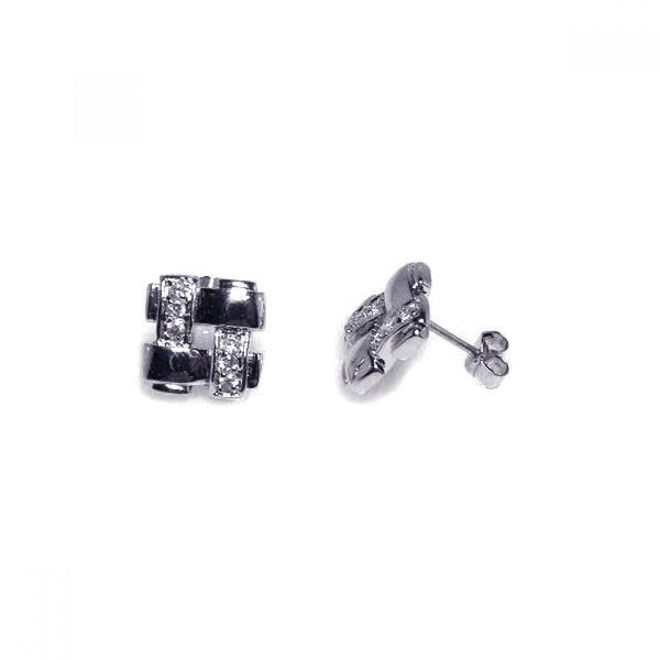 Silver 925 Rhodium Plated Weaved Square CZ Stud Earrings