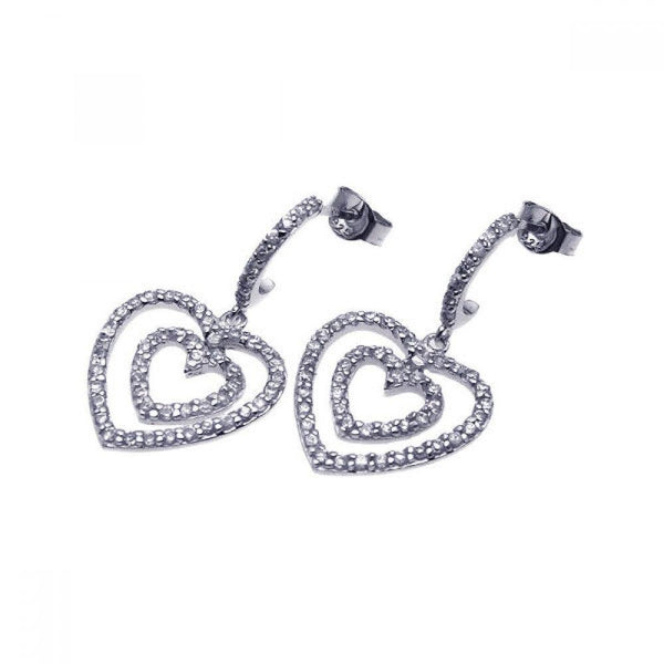 Silver 925 Rhodium Plated Graduated Two Heart CZ Dangling Semi-Hoop Earrings