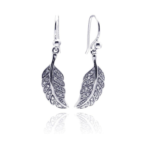 Silver 925 Rhodium Plated Curvy Leaf CZ Dangling Hook Earrings