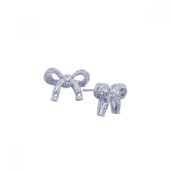 Silver 925 Rhodium Plated Bowtie CZ Stud Earrings