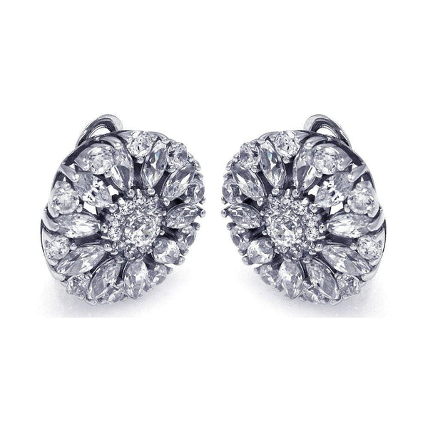 Silver 925 Rhodium Plated Round Flower Clear CZ Stud Earrings