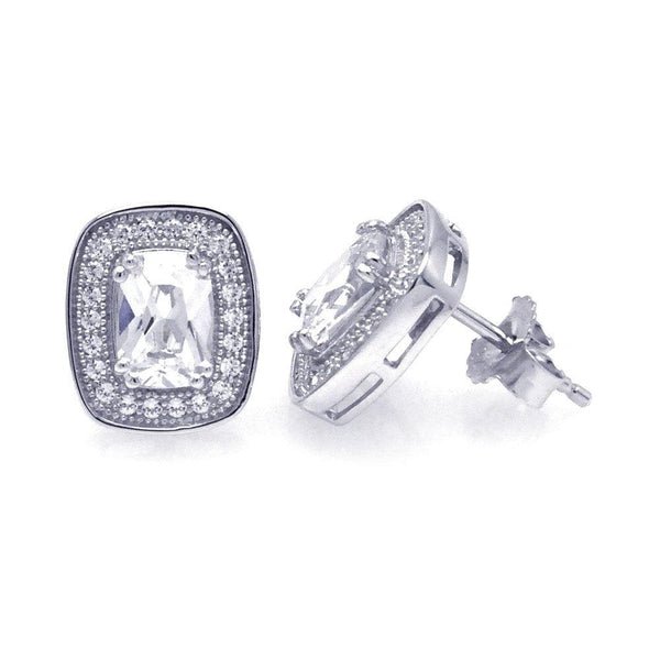 Silver 925 Rhodium Plated Micro Pave Clear Square Inlay CZ Earrings
