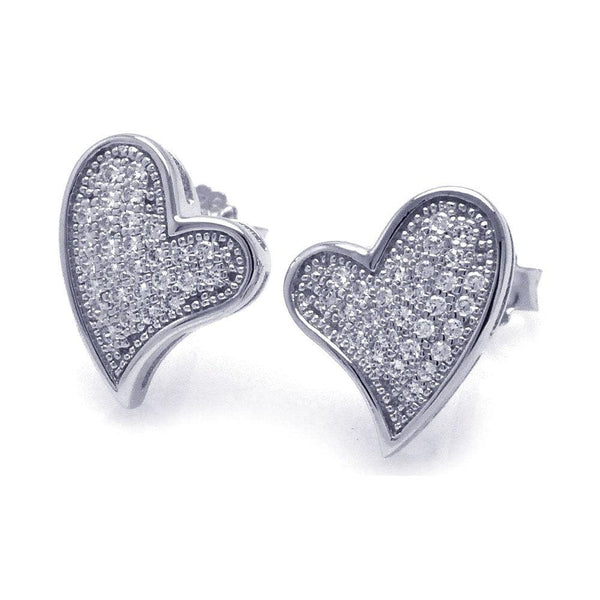 Silver 925 Rhodium Plated Micro Pave Clear Curvy Heart CZ Stud Earrings