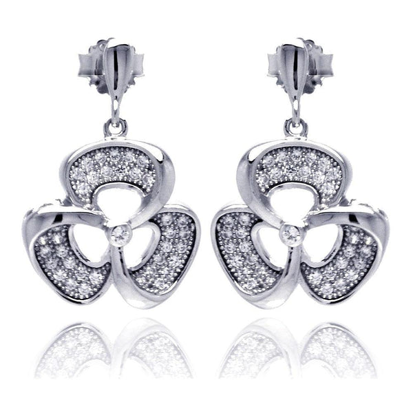 Silver 925 Rhodium Plated Micro Pave Clear Flower CZ Dangling Stud Earrings