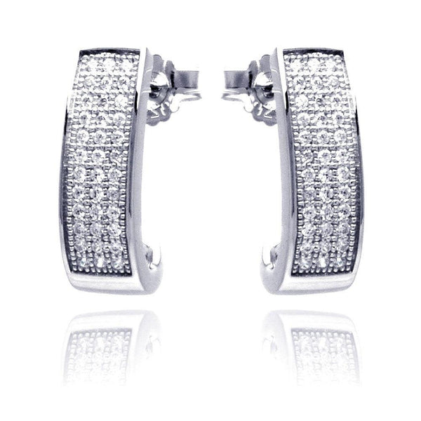 Silver 925 Rhodium Plated Micro Pave Clear Round Rectangle CZ Stud Earrings
