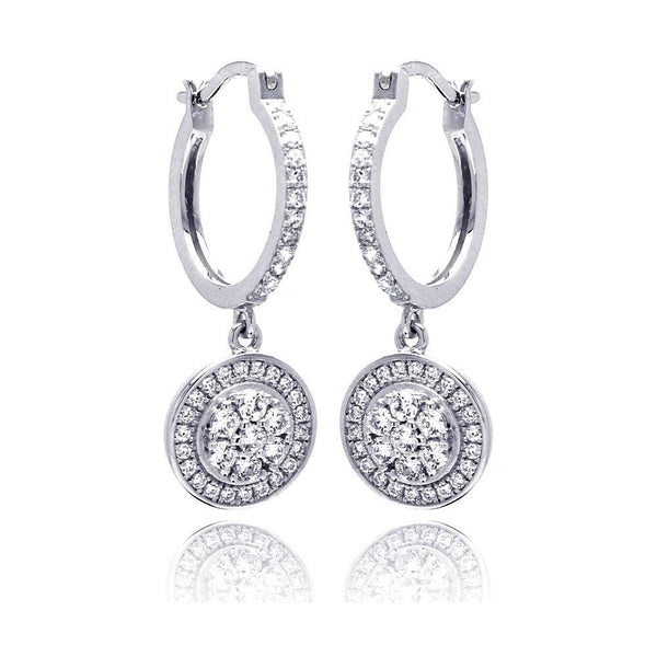 Silver 925 Rhodium Plated Micro Pave Clear Round CZ Wire Dangling huggie hoop Earrings