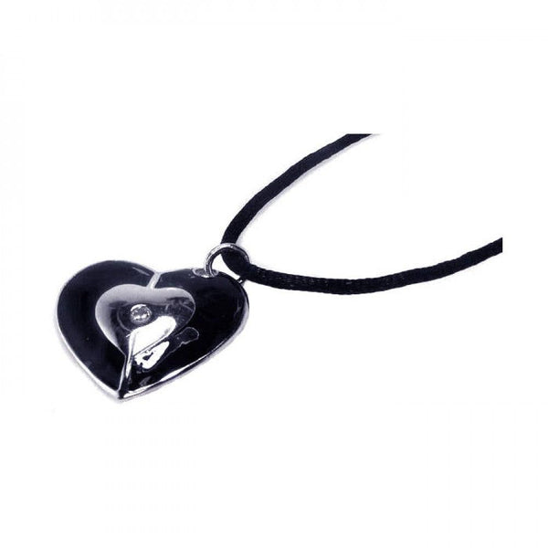 Silver 925 Rhodium Plated Black Enamel Heart Clear CZ Black Cord Pendant Necklace