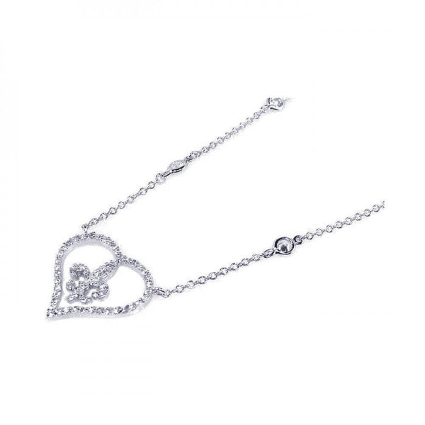 Silver 925 Rhodium Plated Open Heart Fleur De Lis Center Clear CZ Pendant Necklace