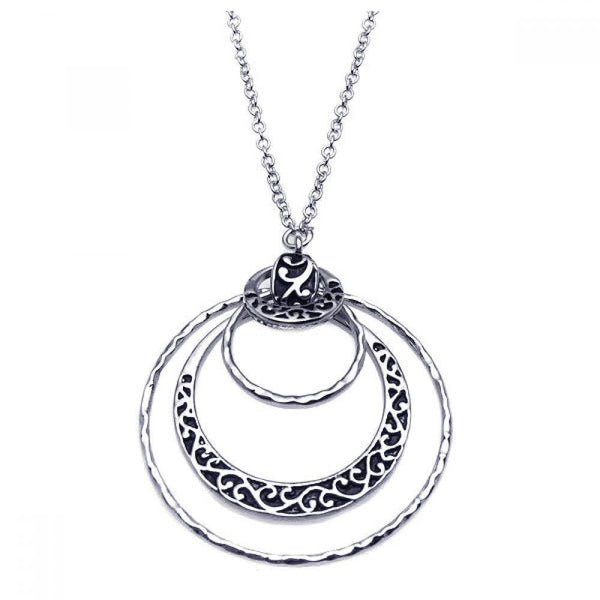 Silver 925 Rhodium Plated Multi Open Circle Flower Design Pendant Necklace