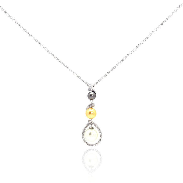 Silver 925 Rhodium Plated Multi Colored Pearl Clear CZ Drop Pendant Necklace