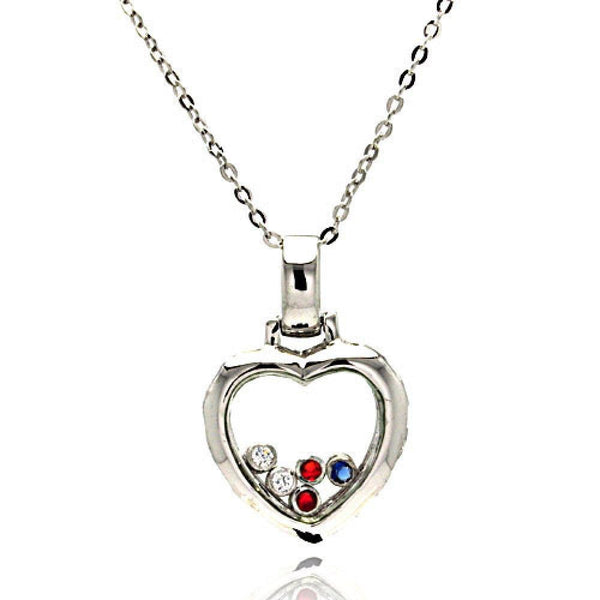 Silver 925 Floating Multi Color CZ Rhodium Plated Heart Pendant Necklace