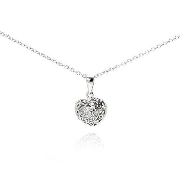 Silver 925 Clear CZ Rhodium Plated Heart Locket Pendant Necklace
