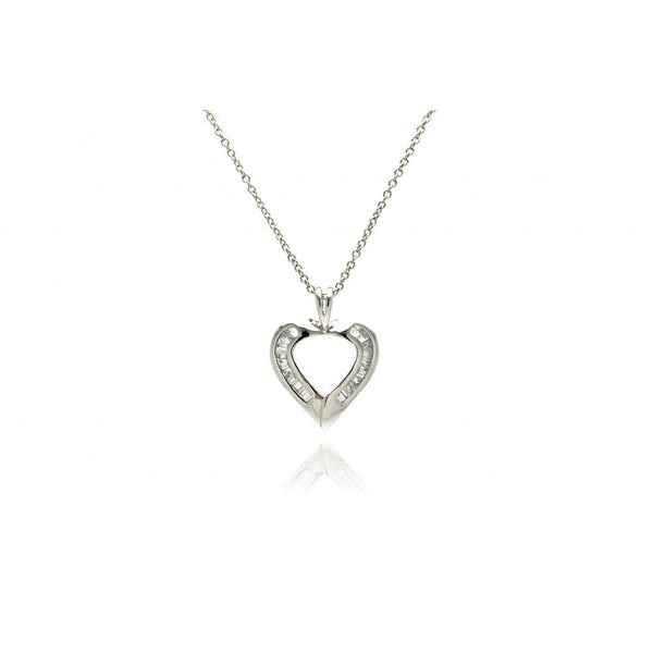 Silver 925 Clear Baguette CZ Rhodium Plated Heart Pendant Necklace