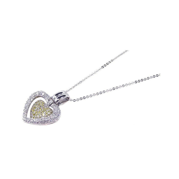 Silver 925 Clear Yellow CZ Rhodium Plated Double Heart Pendant Necklace