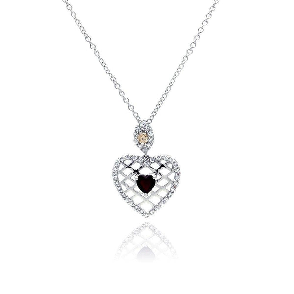 Silver 925 Red CZ Rhodium Plated Filigree Heart Pendant Necklace