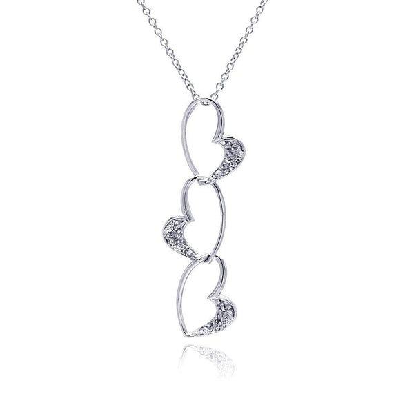 Silver 925 Clear CZ Rhodium Plated 3 Heart Pendant Necklace
