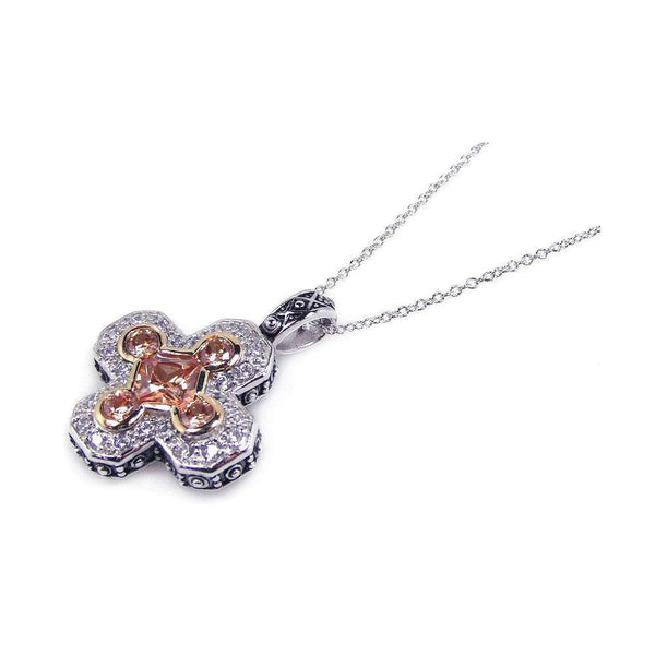 Silver 925 Clear and Champagne CZ Rhodium Plated Cross Pendant Necklace