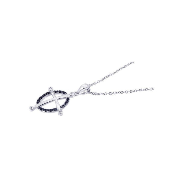 Silver 925 Rhodium Plated Open Black Circle Cross CZ Necklace
