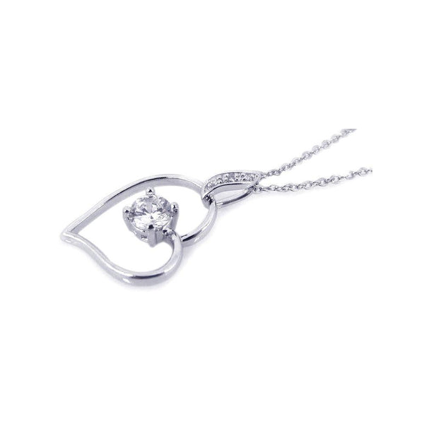 Silver 925 Rhodium Open Heart Small Center Clear CZ Necklace