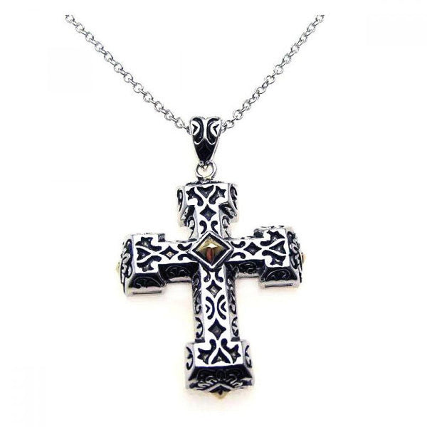 Silver 925 Rhodium Cross Small Center Square CZ Necklace