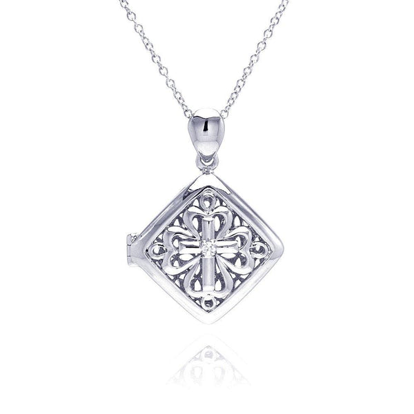 Silver 925 Rhodium Square Filigree CZ Locket Necklace