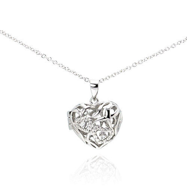 Silver 925 Rhodium Heart Locket CZ Necklace