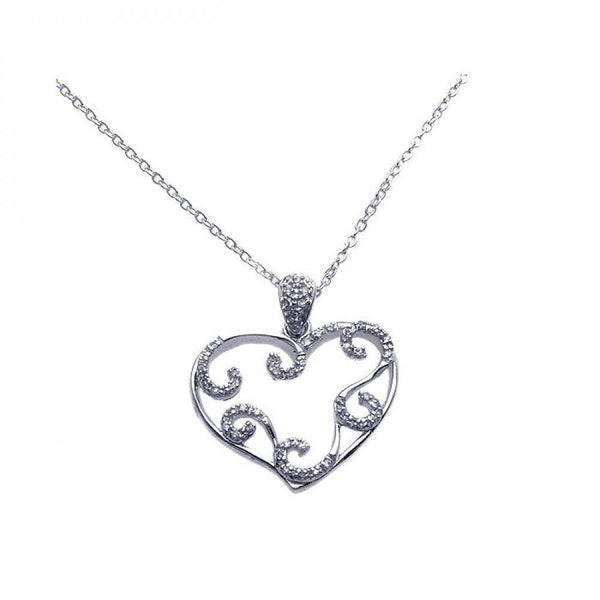 Silver 925 Rhodium Plated Open Heart Filigree CZ Necklace