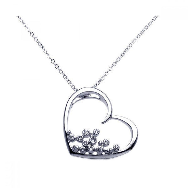 Silver 925 Rhodium Plated Open Heart Round Filigree CZ Necklace