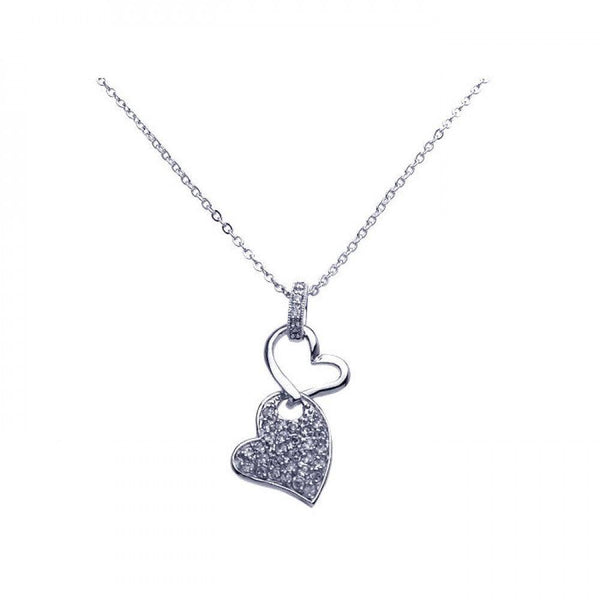 Silver 925 Rhodium Plated Double Dangling Heart Clear CZ Pave Pendant Necklace