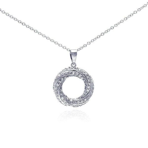 Silver 925 Rhodium Plated Open Circle CZ Dangling Necklace