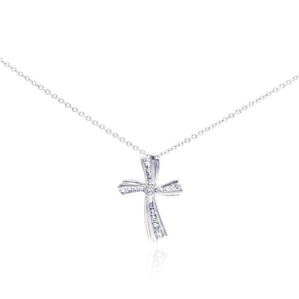 Silver 925 Rhodium Plated Curvy Cross CZ Necklace