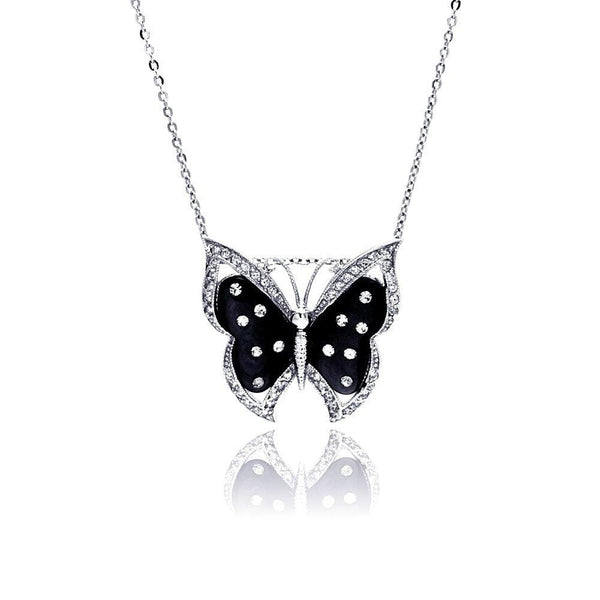 Silver 925 Rhodium Plated Black Mother of Pearl Butterfly CZ Necklace