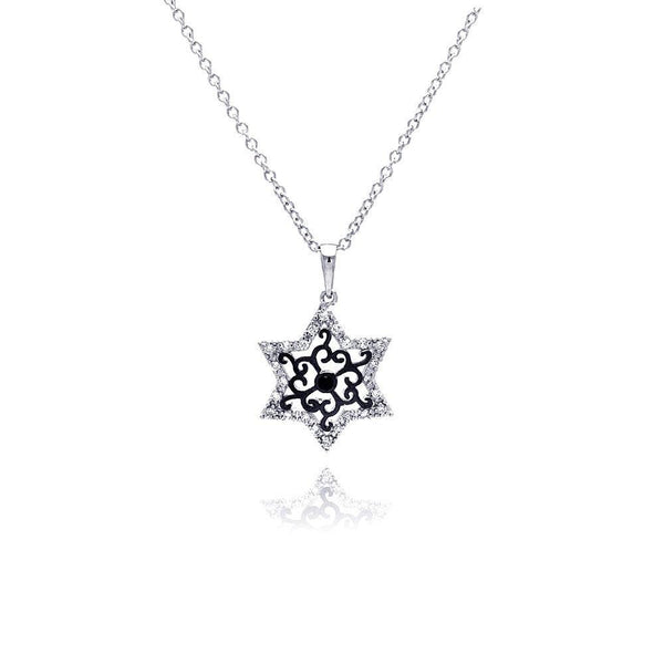 Silver 925 Rhodium Plated Open Star Black Filigree CZ Necklace