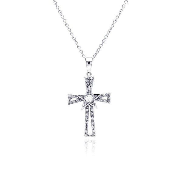 Silver 925 Rhodium Plated Cross Open CZ Necklace