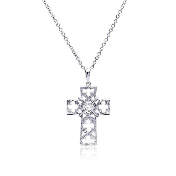 Silver 925 Rhodium Plated Open Clover Leaf Cross CZ Necklace
