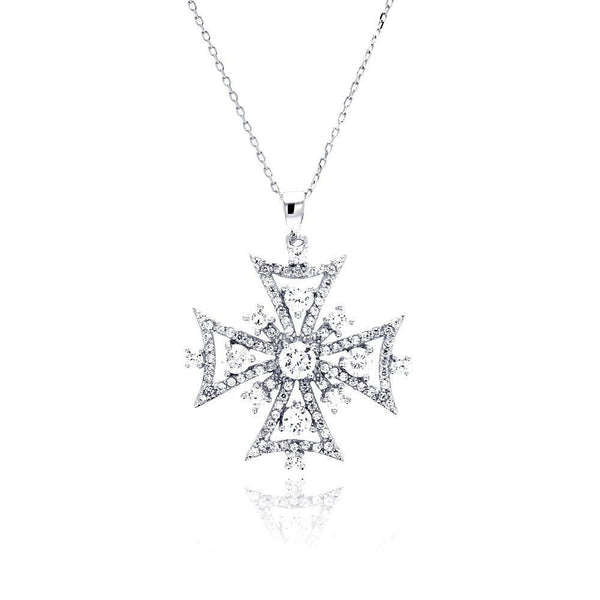 Silver 925 Rhodium Plated Outline Cross CZ Necklace