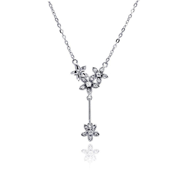 Silver 925 Rhodium Plated Flower CZ Dangling Necklace