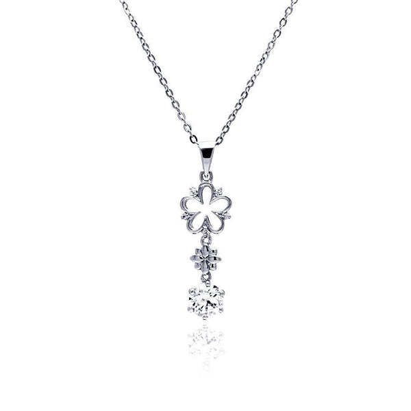 Silver 925 Rhodium Plated Open Flower CZ Hanging Necklace