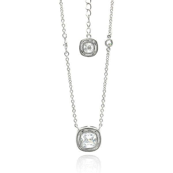 Silver 925 Rhodium Plated Double Square CZ Necklace