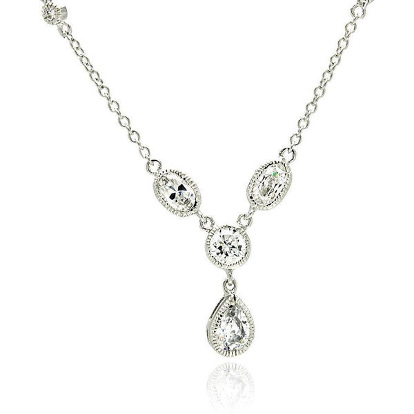 Silver 925 Rhodium Plated Teardrop Round Oval Clear CZ Necklace