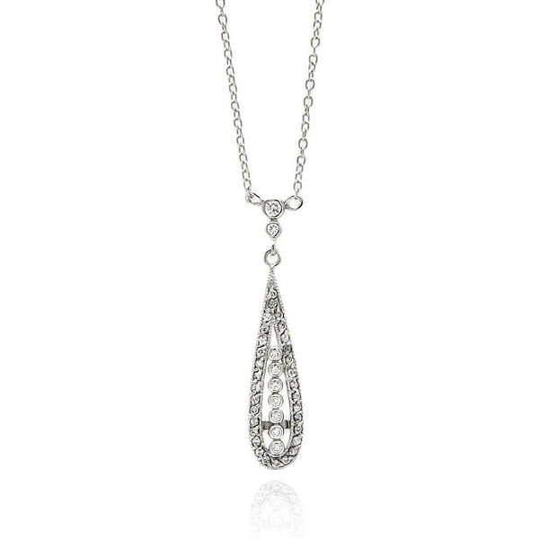 Silver 925 Rhodium Plated Long Teardrop CZ Necklace