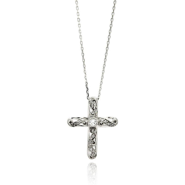 Silver 925 Rhodium Plated Wave Cross CZ Necklace