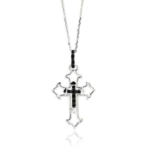 Silver 925 Rhodium Plated Open Cross Black and Clear CZ Necklace