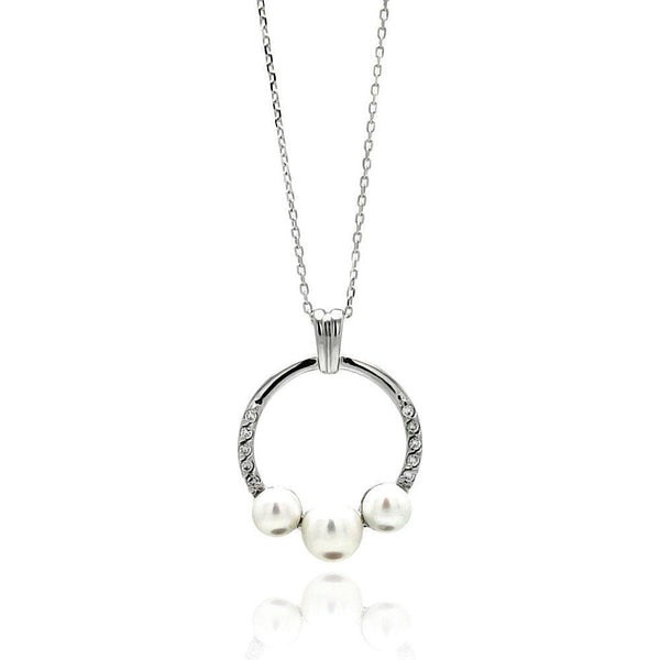 Silver 925 Rhodium Plated Open Circle Fresh Water Pearl Necklace